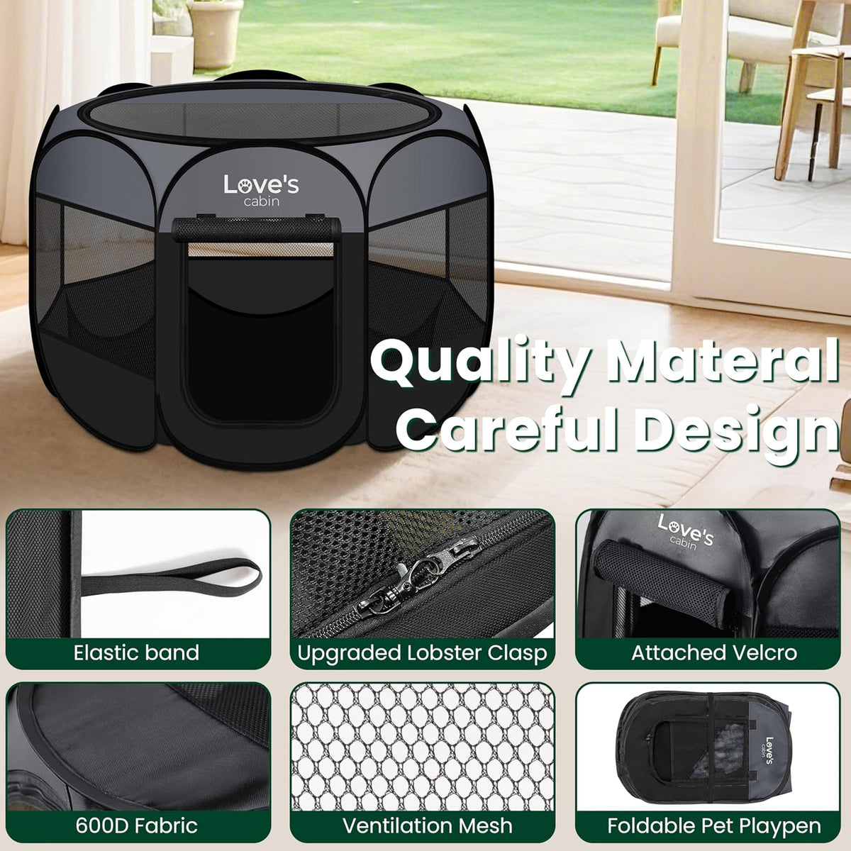 Love's cabin Pet Puppy Dog Playpen, Medium Dog Tent Crates Cage Indoor/Outdoor, Portable Playpen for Cat, Foldable Pop Up Dog Kennel Playpen with Carring Case, Removable Zipper Top, Dark Grey