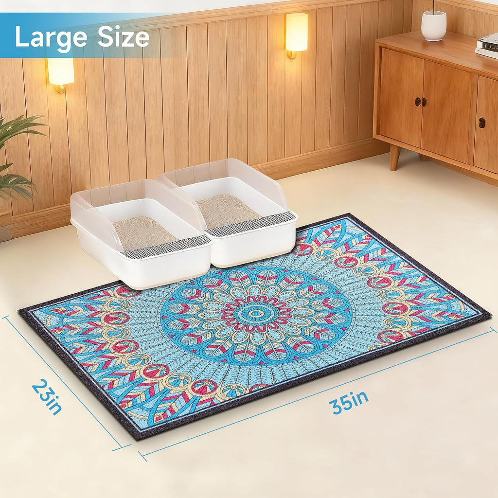 Cat Litter Mat, 35" x 23" Litter Box mat, Traps 100% Litter, Non-Slip Kitty Litter Trapping mats, Large Cute Litter mat, Easy Clean for Scatter Control, Bohe cat Food mat, Urine Waterproof | Traps 100% Litter, Cute litter mat for litter box, Soft on Ki...