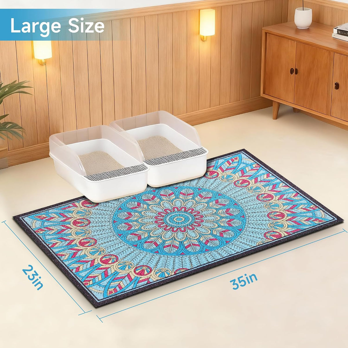 Cat Litter Mat, 35" x 23" Litter Box mat, Traps 100% Litter, Non-Slip Kitty Litter Trapping mats, Large Cute Litter mat, Easy Clean for Scatter Control, Bohe cat Food mat, Urine Waterproof | Traps 100% Litter, Cute litter mat for litter box, Soft on Ki...