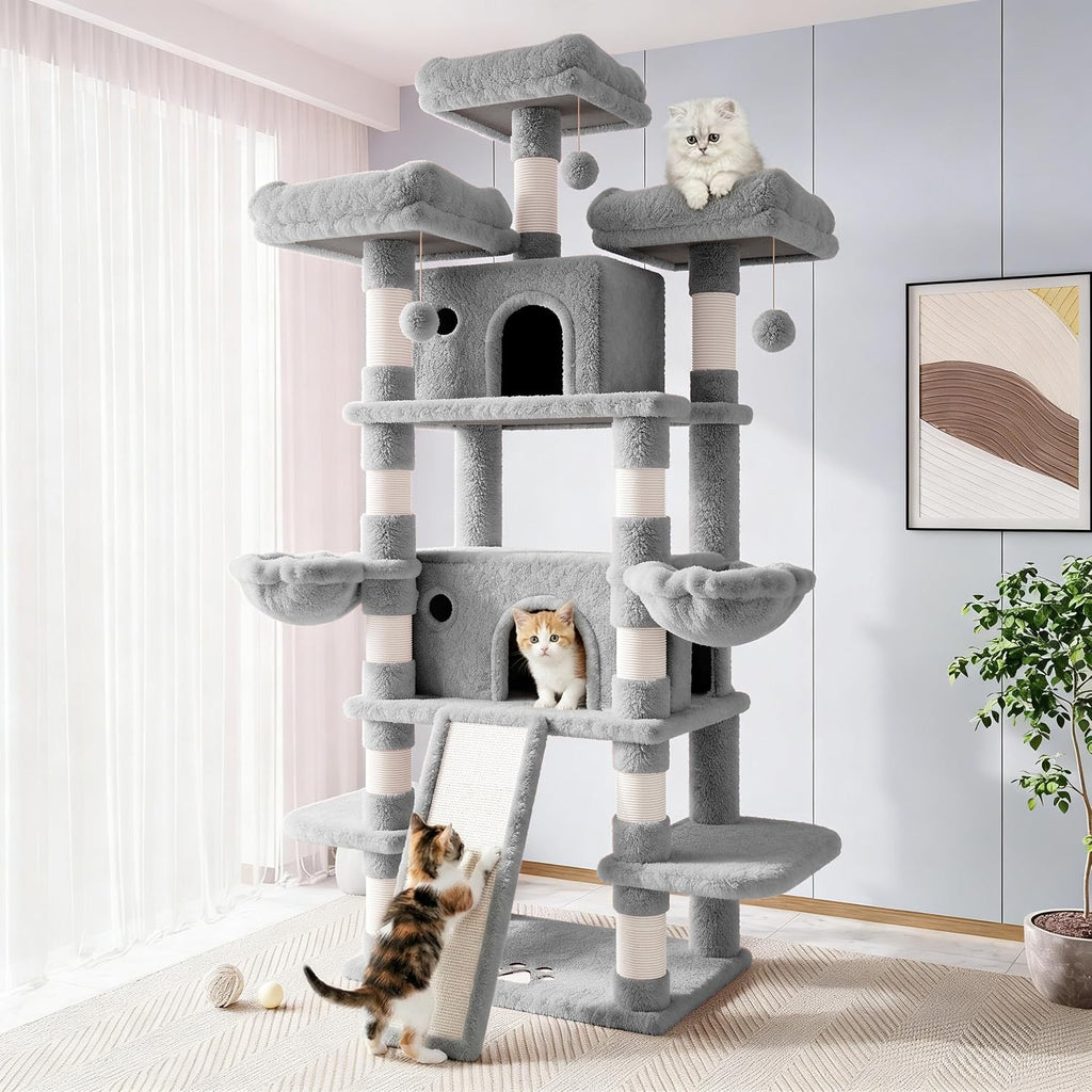 Allewie 82 Inches Large Cat Tree/House/XXL Tall Cat Towers for Big Feline/Scratching Post/Multi-Level Large Kitty Climbing Tree with Condo/Light Grey