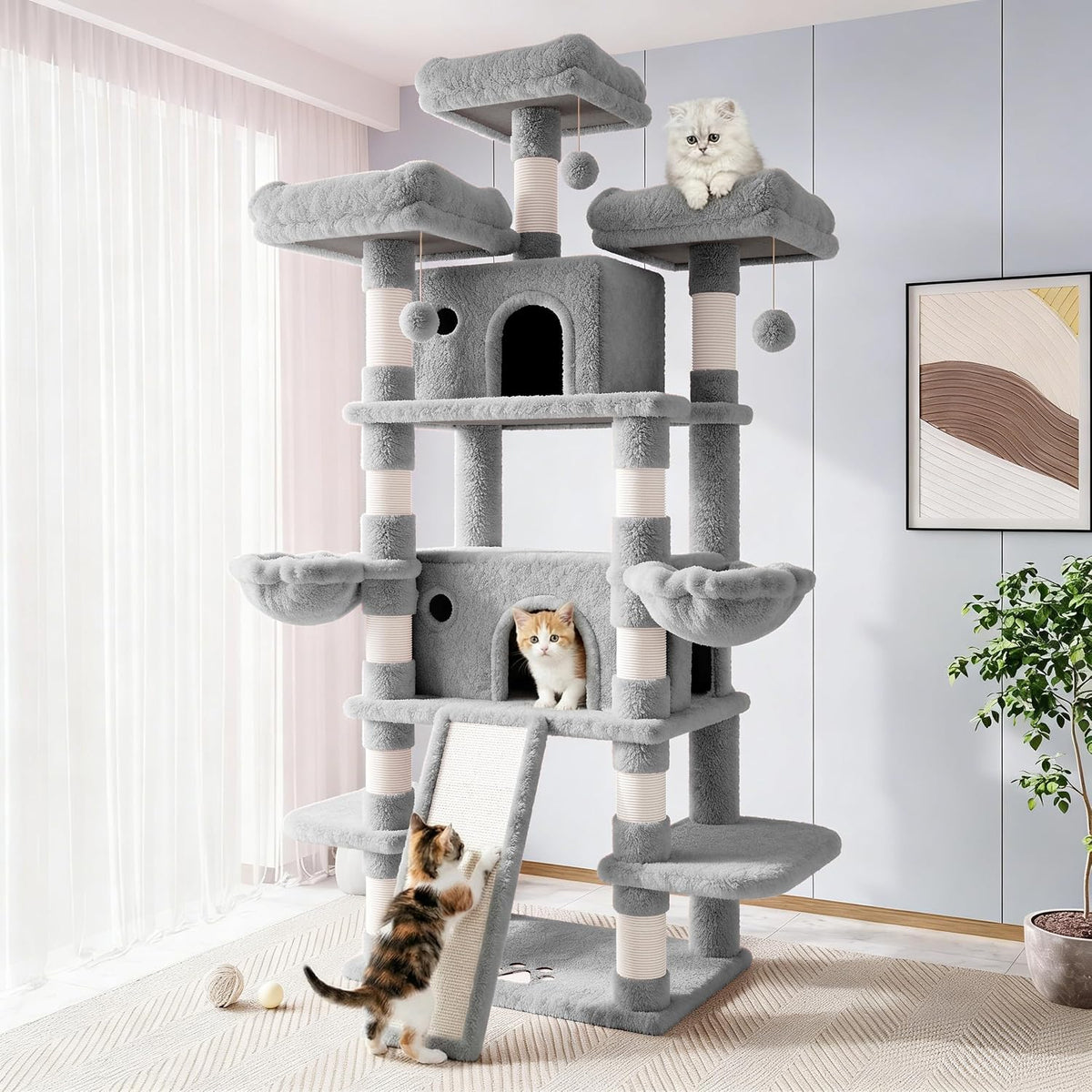 Allewie 82 Inches Large Cat Tree/House/XXL Tall Cat Towers for Big Feline/Scratching Post/Multi-Level Large Kitty Climbing Tree with Condo/Light Grey