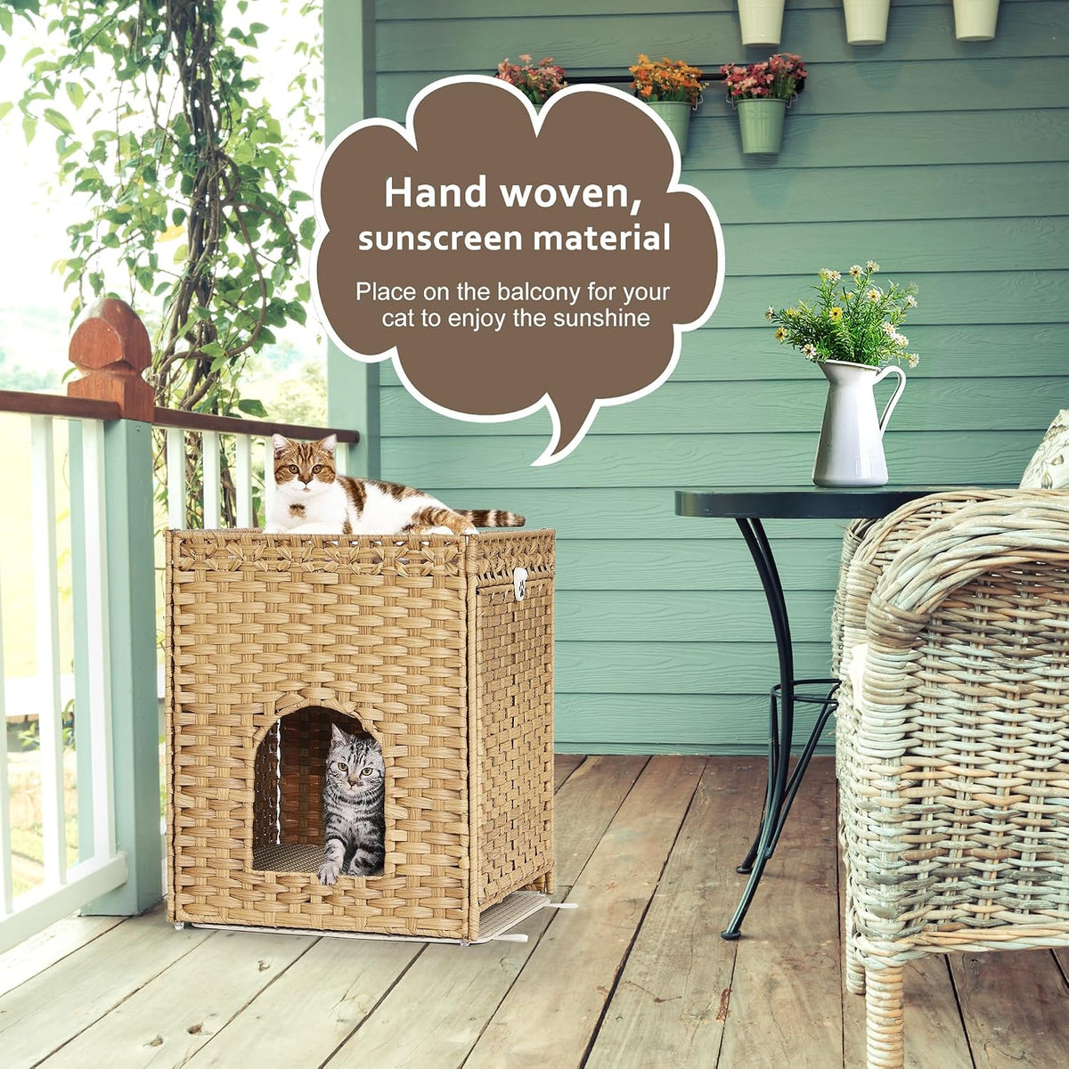 Cat Litter Box Enclosure with Door, Hidden Cat Washroom Furniture | Handwoven PP Wicker; Soft Litter Mat Included; Spacious Interior; Furniture-Style Design; Indoor Home Décor
