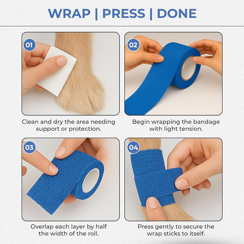 JorVet 4" x 10 Yards Cohesive Bandages for Pets | Self-Adhesive, Easy Tear Wraps for Wound Care | Secure, Individually Wrapped Vet Tape | Navy Blue | Pack of 12