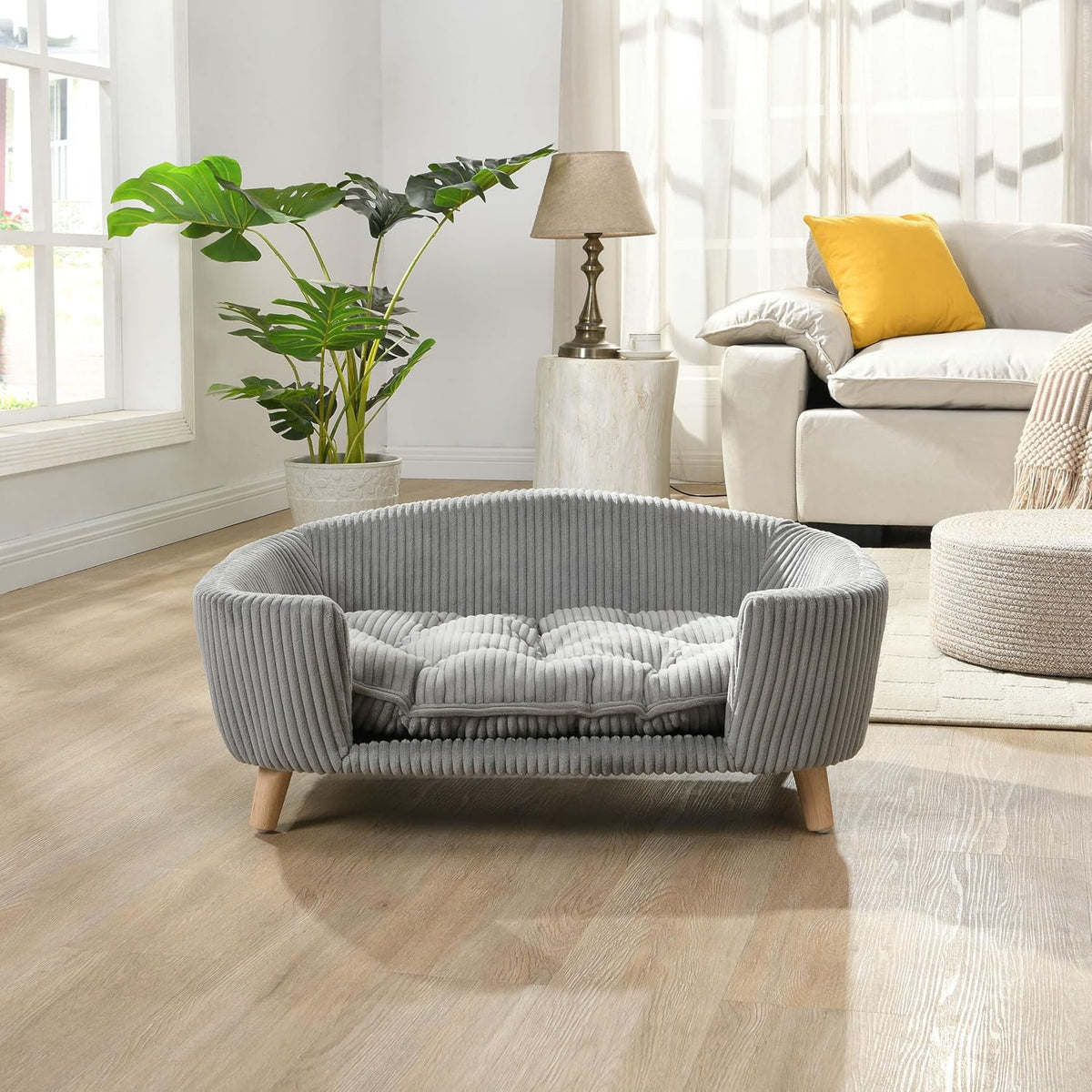 Christopher Knight Home Elroy Orthopedic Dog Bed, Elevated Dog Sofa Bed for Small Dog, Supportive Foam Pet Couch Bed with Wooden Legs, Modern Pet Sofa Bed, Gray