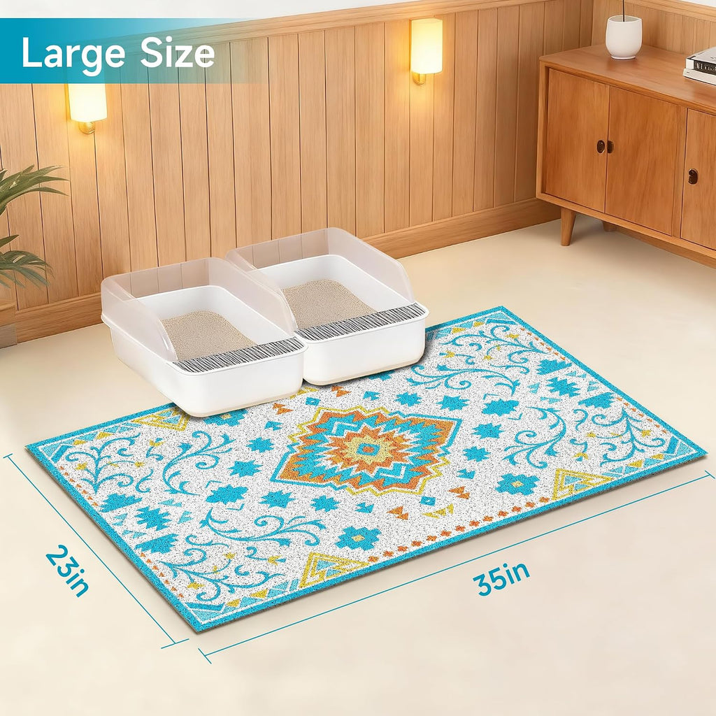 Cat Litter Mat, 35" x 23" Litter Box mat, Traps 100% Litter, Non-Slip Kitty Litter Trapping mats, Large Cute Litter mat, Easy Clean for Scatter Control, Bohe cat Food mat, Urine Waterproof | Traps 100% Litter, Cute litter mat for litter box, Soft on Ki...