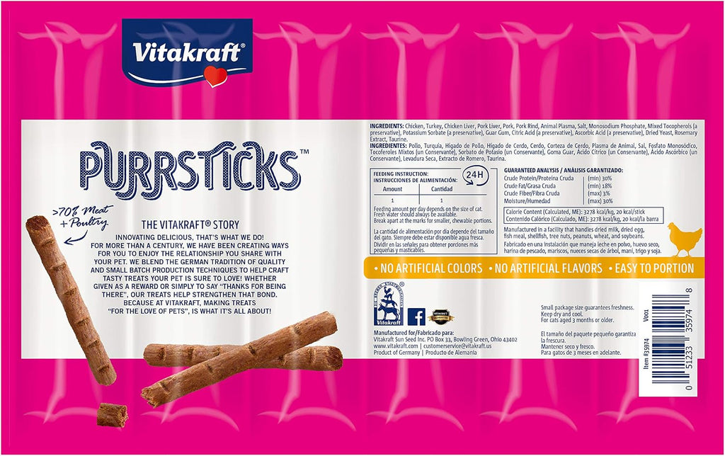Vitakraft PurrSticks Cat Sticks, Chicken, 18 Sticks | Breakable Meatstick | Tender Texture | Pack of 3