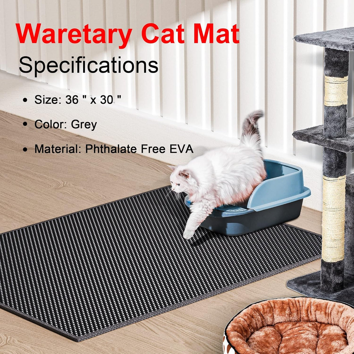 Waretary Cat Litter Mat, 36"x30", Waterproof, Scatter Control, Black | Double Layer, Urine-Proof, Non-Slip, Durable, Easy to Clean, Paw-Friendly, Safe & Odorless, Fits Large Litter Boxes