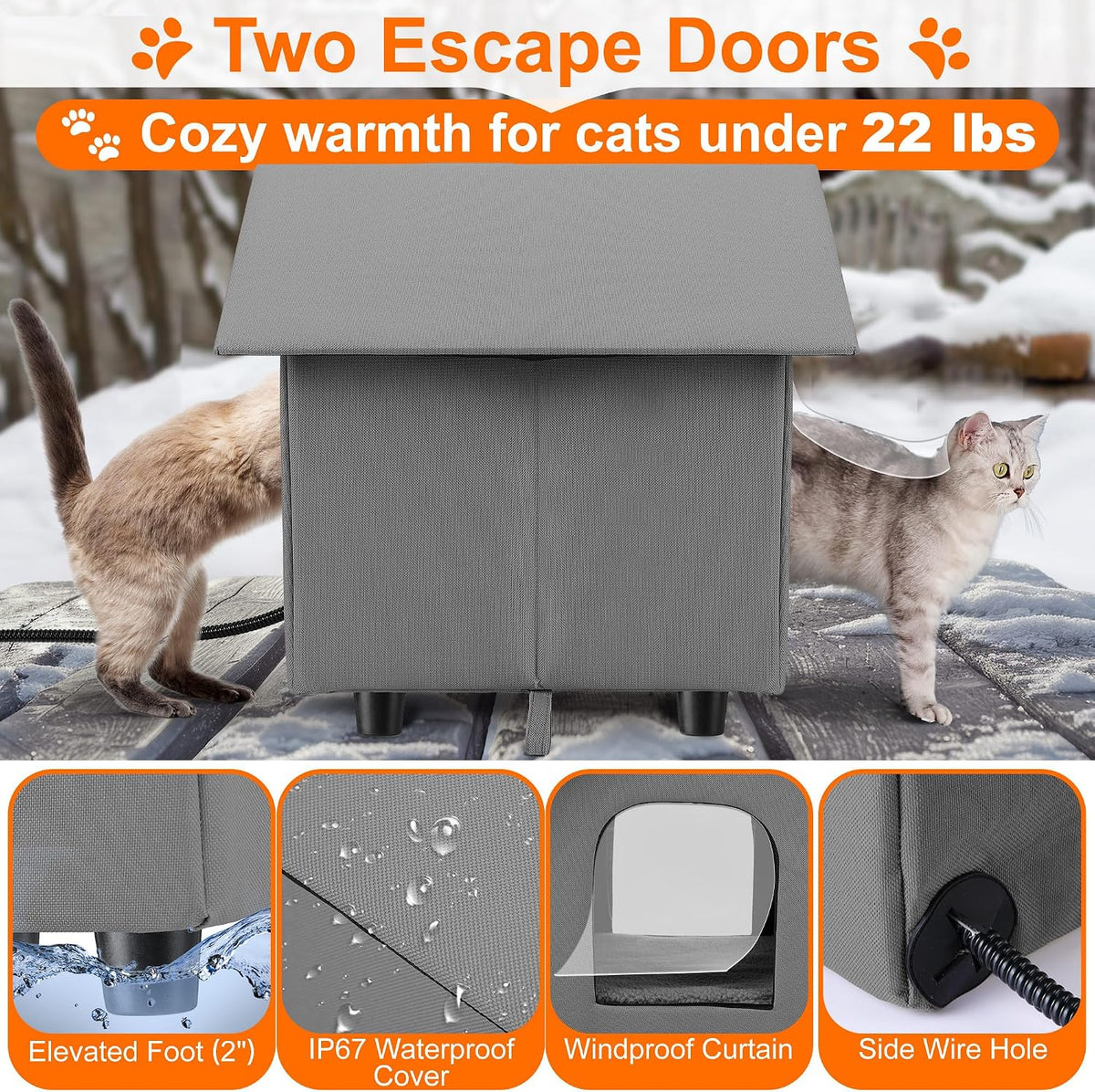 Dreyoo 1 Pack Heated Cat House Weatherproof, Dark Gray