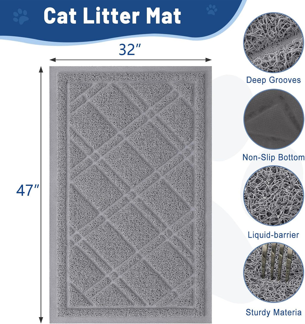 Smiry Cat Litter Box Mat 47x32, Non-Slip Water Resistant Litter Trapping Mat, Easy Clean Less Waste and Urine-Locking Cat Carpet for Indoor, Grey