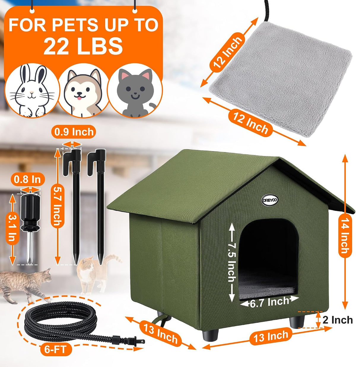 Dreyoo 2 Pack Heated Cat House Weatherproof, Green