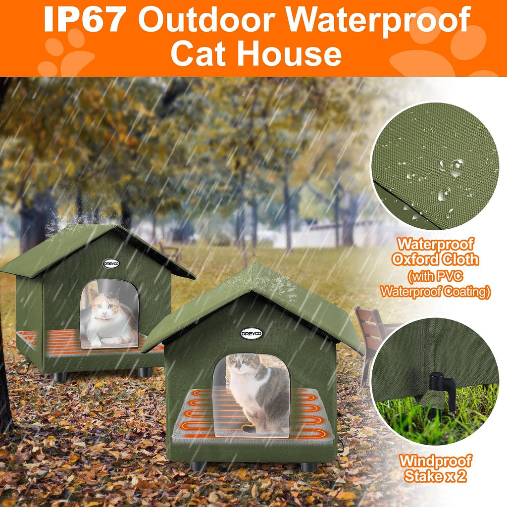 Dreyoo 2 Pack Heated Cat House Weatherproof, Green