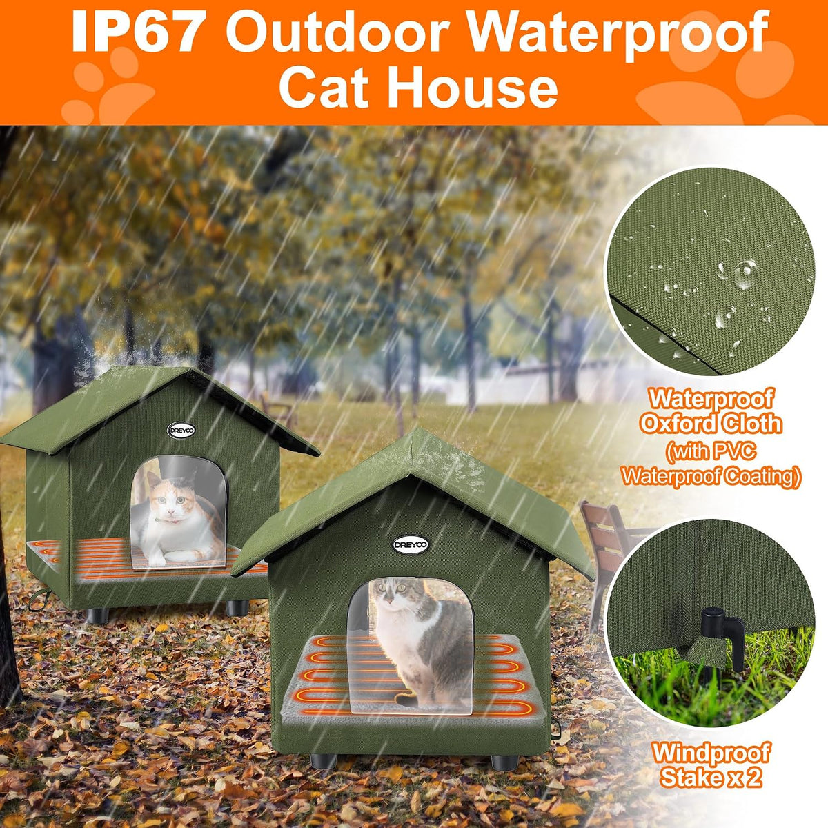Dreyoo 2 Pack Heated Cat House Weatherproof, Green