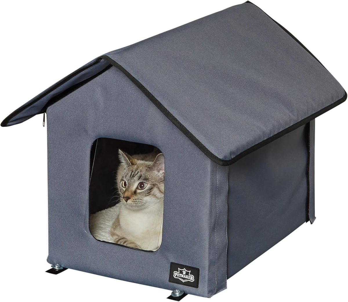Heated Cat House - Double-Door Cat Bed with Zippered Roof, Pet Heating Pad, and Sherpa Cover - for Garage, Porch, Barn, or Basement by PETMAKER (Gray)