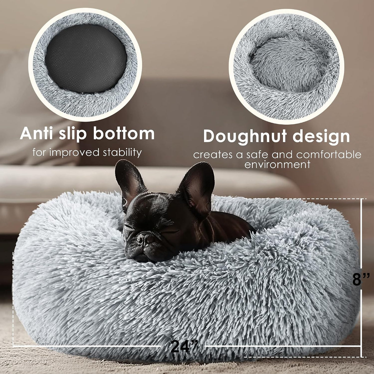 Dogs Bed for Small Dogs, Anti-Anxiety Washable Round Bed (24in Light Grey)