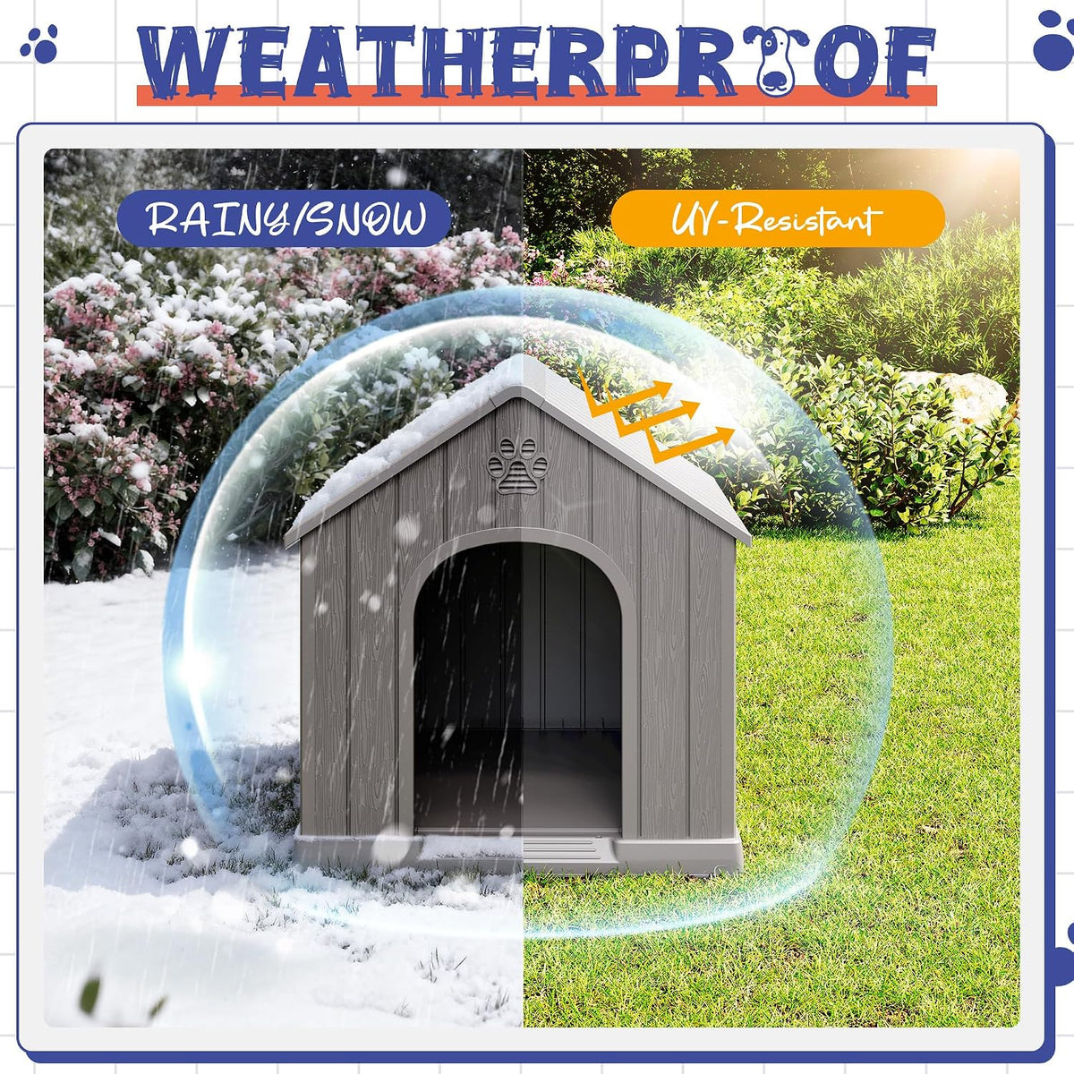 Bifanuo Outdoor Indoor Dog House for Small & Medium Dogs - Weatherproof Shelter with Elevated Floor, Hidden Vents & Tool-Free Assembly (Classic Grey, 26" L x 23.6" W x 25.8" H)