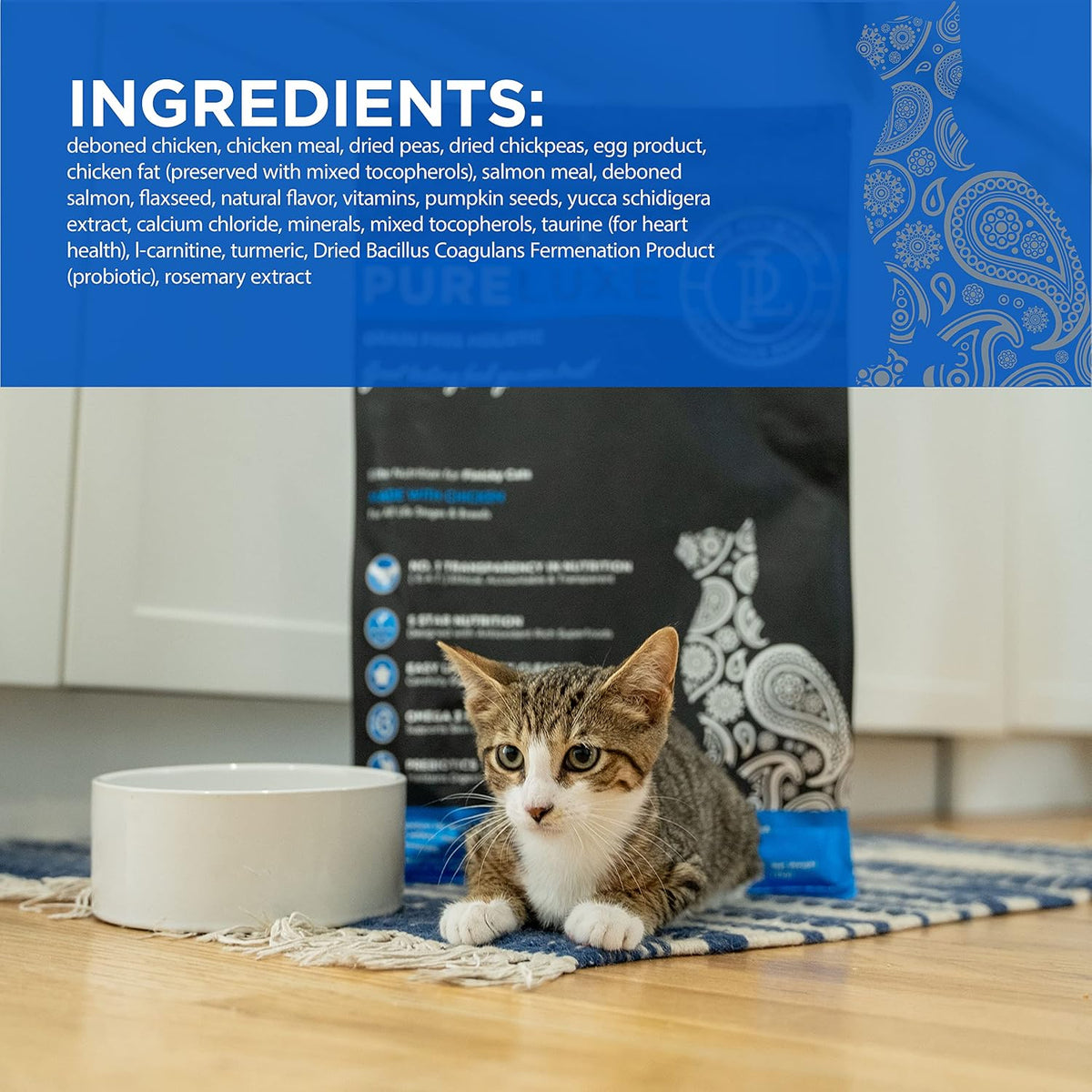 PURELUXE Grain and Gluten Free Cat Food, Finicky Cat Elite Nutrition, Chicken, Chickpeas, and Salmon, for All Life Stages and Breeds, Made in The USA, 3.3lbs