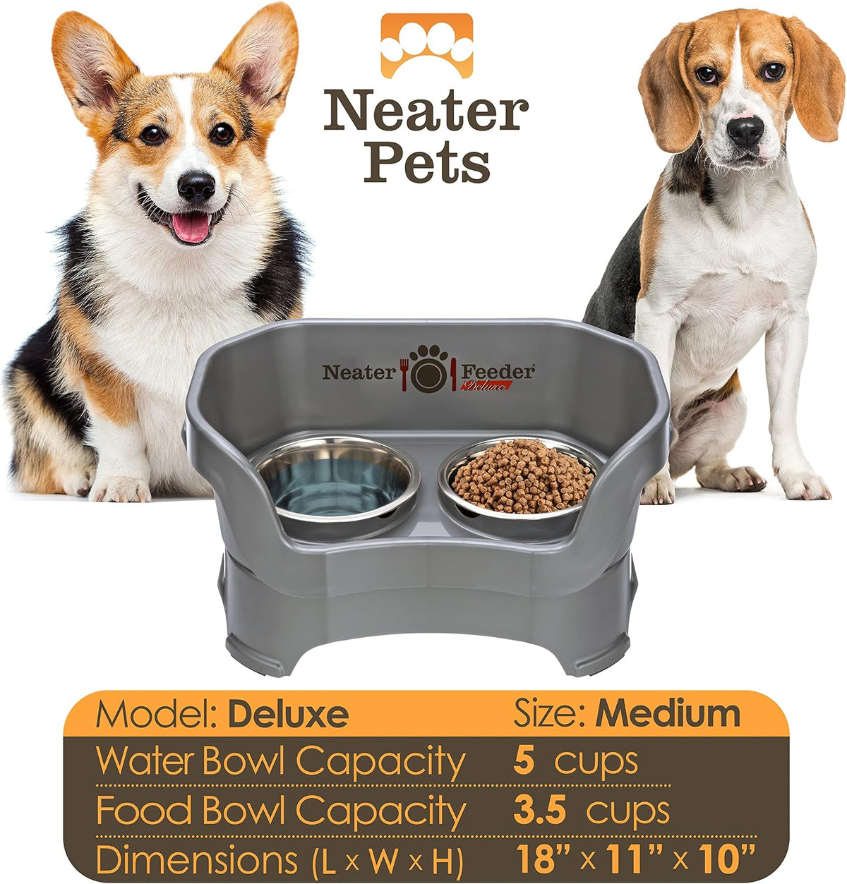 Neater Pet Brands Neater Feeder Deluxe Mess Proof Dog Bowls Elevated for Medium Dogs 19-40 lbs, Made in USA, No Spill Raised Dog Food Bowl Stand Feeding Station, Food and Water Bowl Set, Gunmetal 
