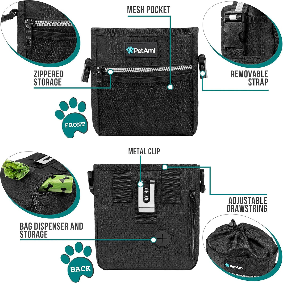PetAmi Hands Free Dog Treat Pouch for Training and Walking, Black