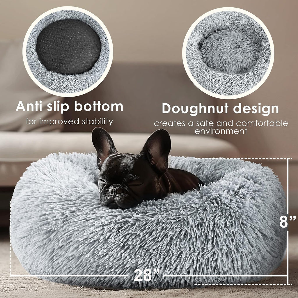 28in Large Dog Bed, Calming Donut Bed for Puppy and Kitten (Light Grey)