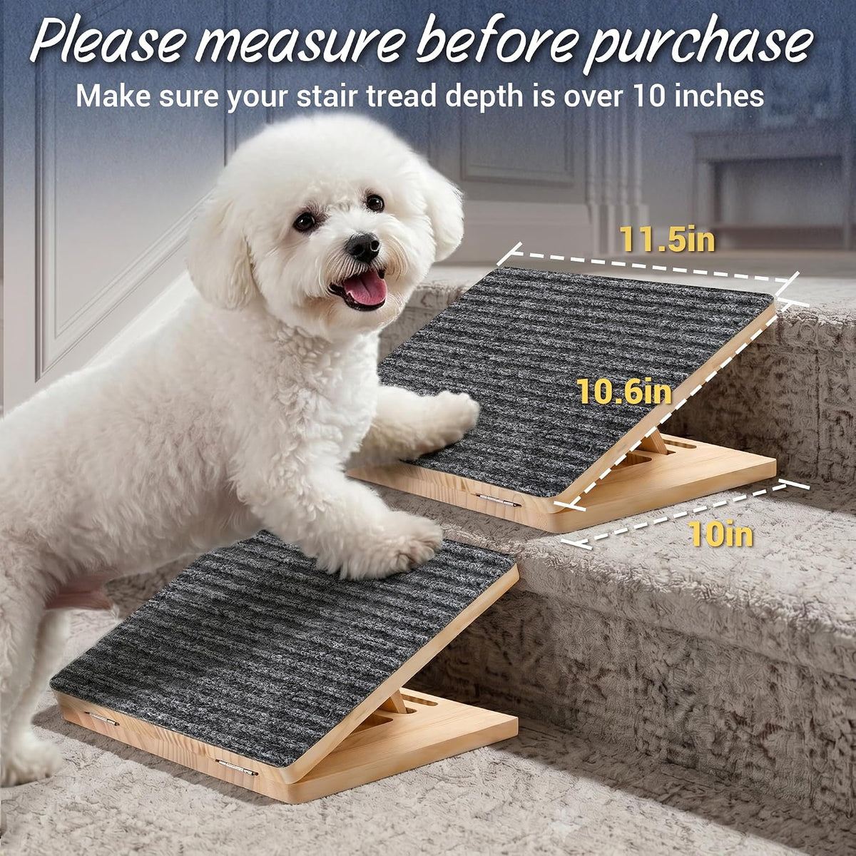 Dog Ramp for Stairs 3 Pack - Adjustable Wooden Stair Wedges for Small Dogs, Foldable Indoor Dog Stair Ramp with Triangular Support and Non-Slip Pads for Senior and Short-Legged Pets