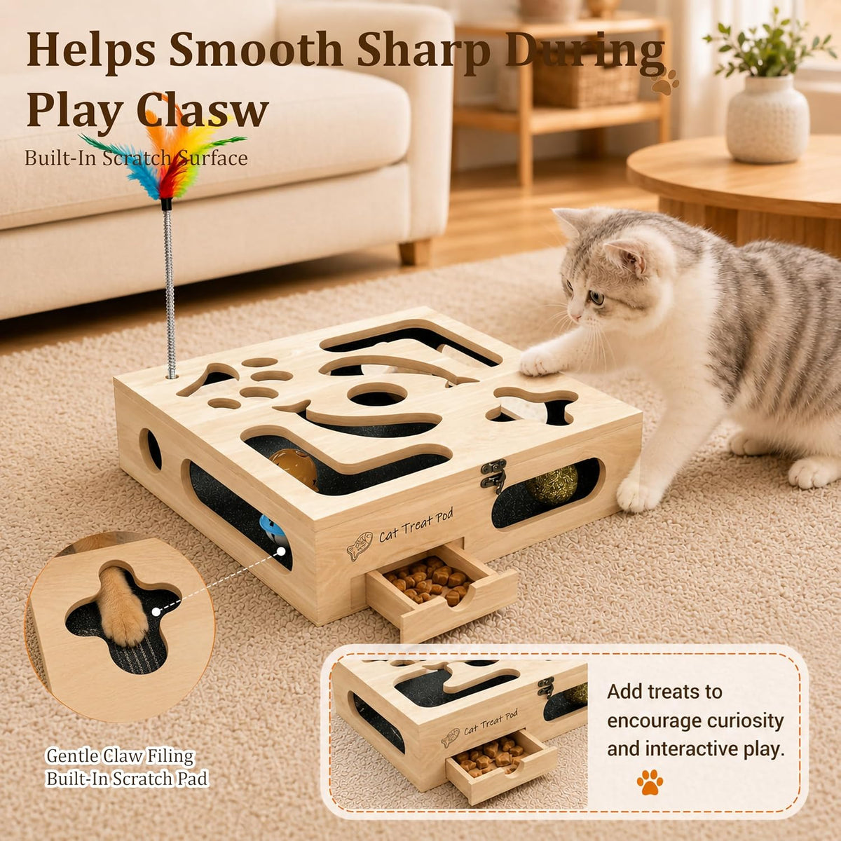 Cat Nail Scratch Puzzle Enrichment Box, Nail File Box with Flip-Top Lid