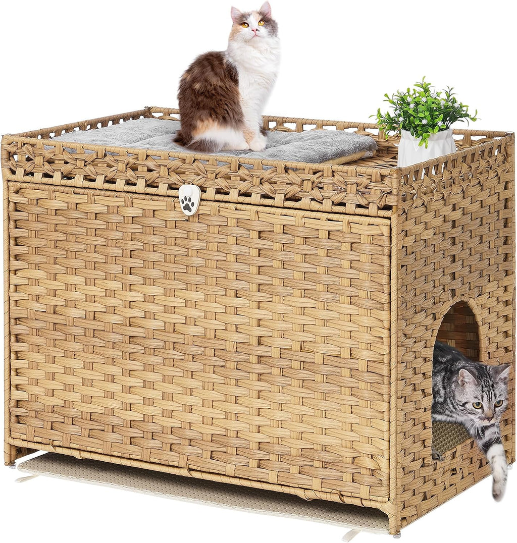 Cat Litter Box Enclosure with Door, Hidden Cat Washroom Furniture | Handwoven PP Wicker; Soft Litter Mat Included; Spacious Interior; Furniture-Style Design; Indoor Home Décor
