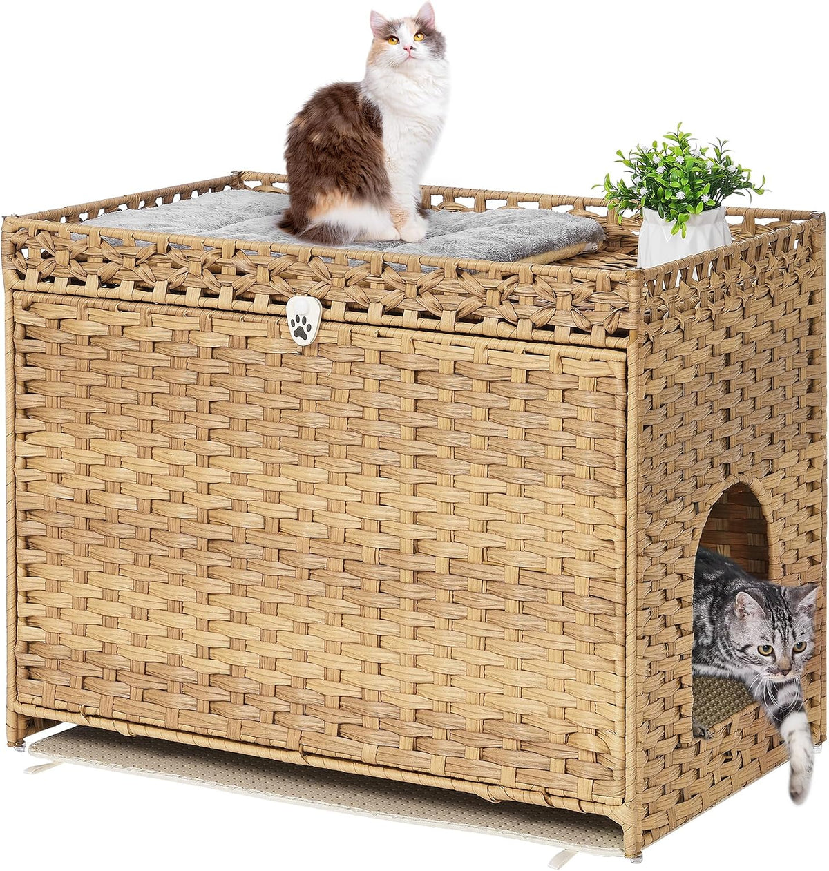 Cat Litter Box Enclosure with Door, Hidden Cat Washroom Furniture | Handwoven PP Wicker; Soft Litter Mat Included; Spacious Interior; Furniture-Style Design; Indoor Home Décor
