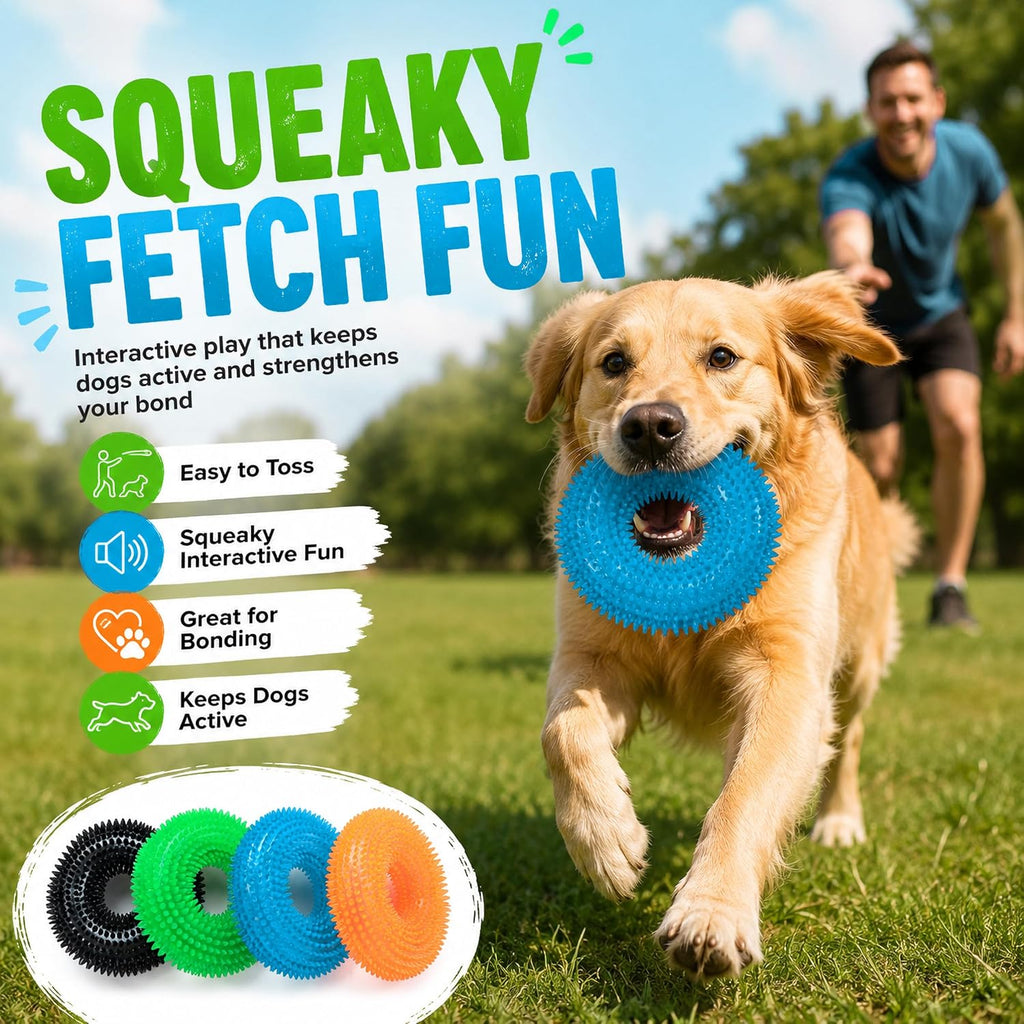 Dog Chew Toys for Aggressive Chewers, Squeaky Floating Donut Rings, 4 Pack