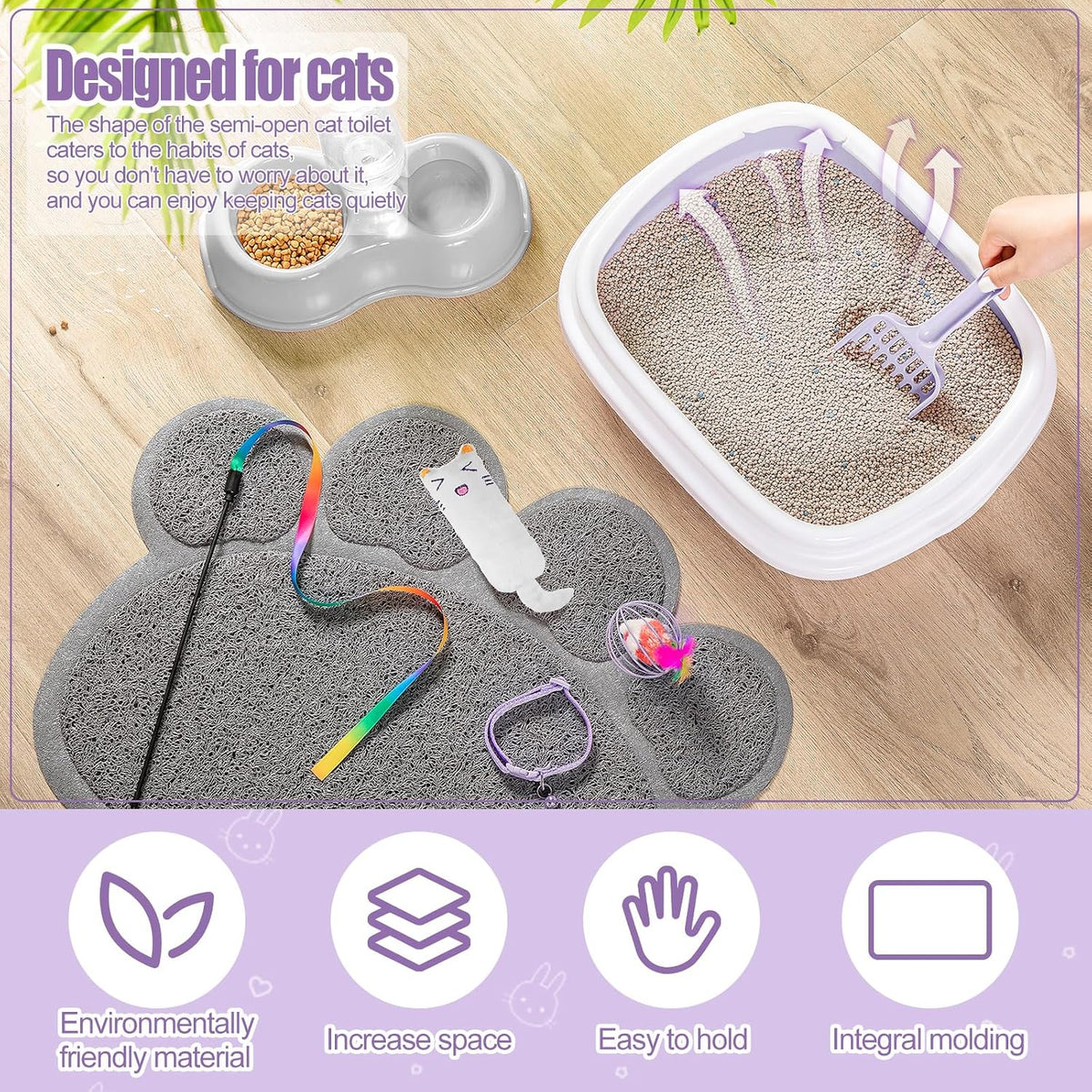Tioncy 7 Pcs Kitten Litter Box Starter Kit with Mat, Stylish, Purple