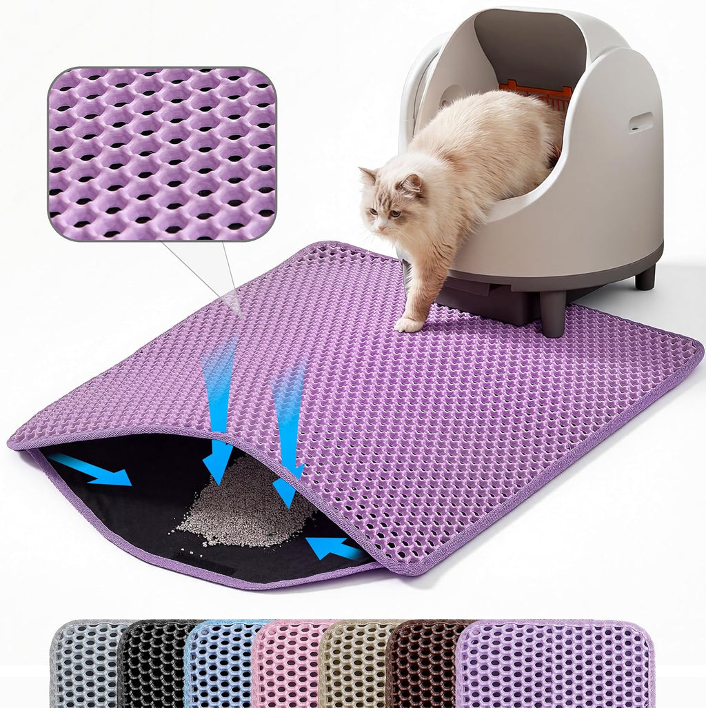 Cat Litter Mat, Double Layer Honeycomb Litter Box Mat | 24x18”, Efficient Litter Trapping, Easy to Clean, Waterproof, Non-Slip, Soft on Paws, Scratch Resistant, Purple, Large