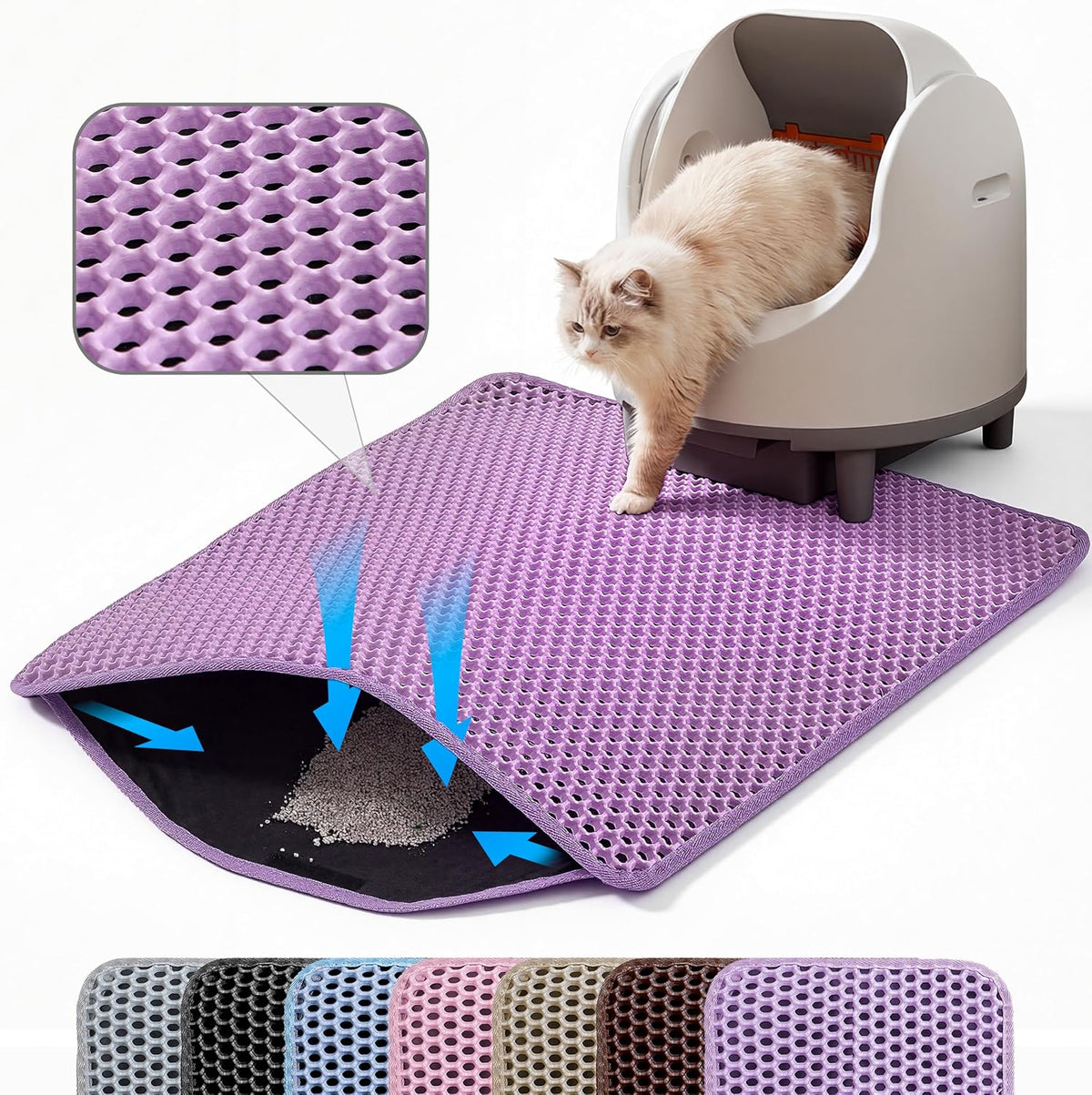 Cat Litter Mat, Double Layer Honeycomb Litter Box Mat | 24x18”, Efficient Litter Trapping, Easy to Clean, Waterproof, Non-Slip, Soft on Paws, Scratch Resistant, Purple, Large
