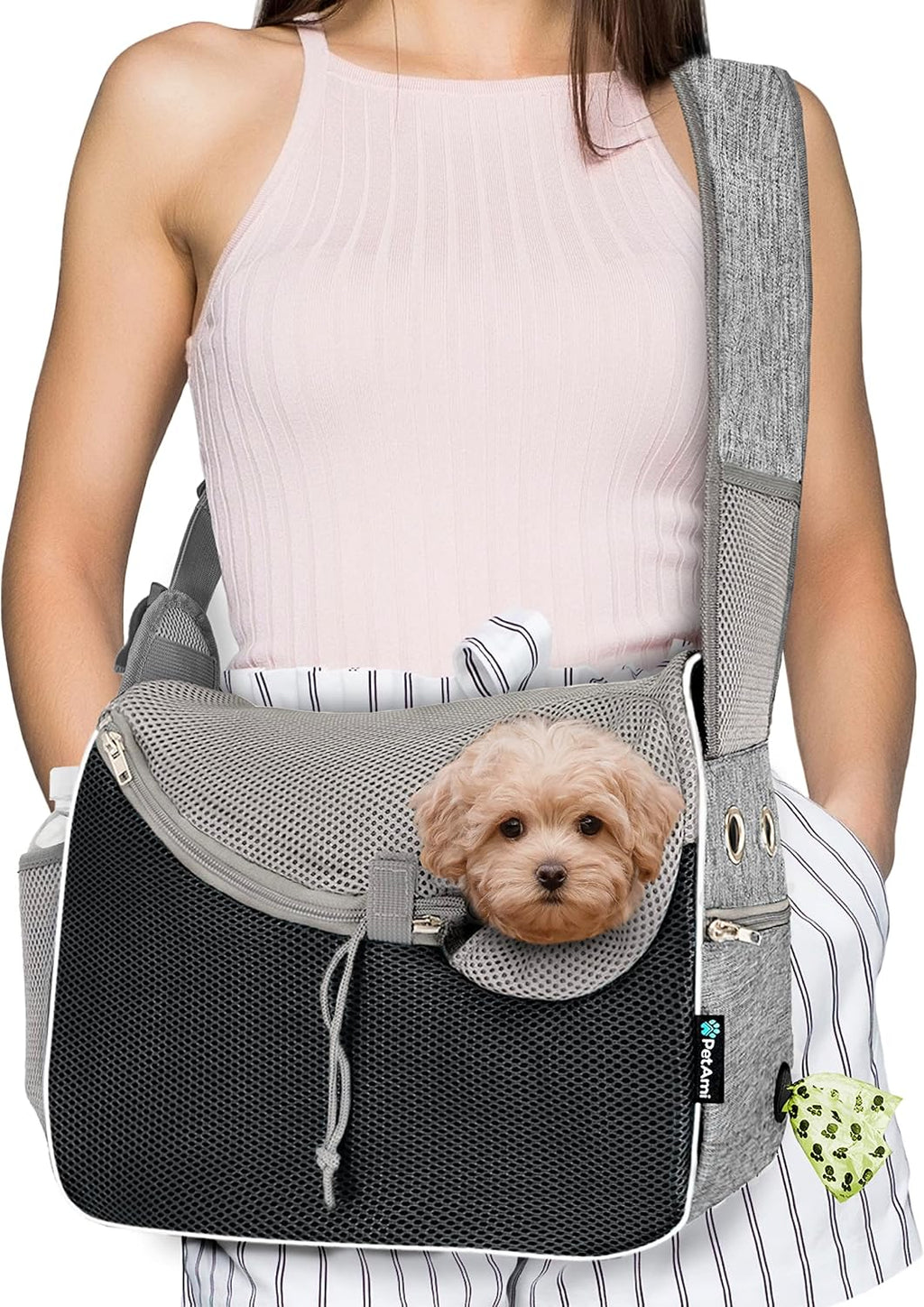 PetAmi Dog Sling Carrier for Small Dogs, Hands Free Crossbody Carrier, Gray