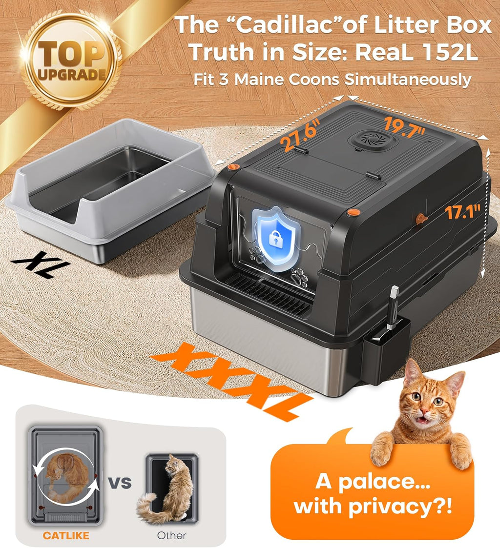 Catlike Upgrade XXXL Stainless Steel Cat Litter Box 3-Layer Leak-Proof | Oversized Real 152L Capacity Enclosed Design w/ Charcoal Filter for Maine Coon & Multi-Cat Homes, with Metal Scoop & XL Mat