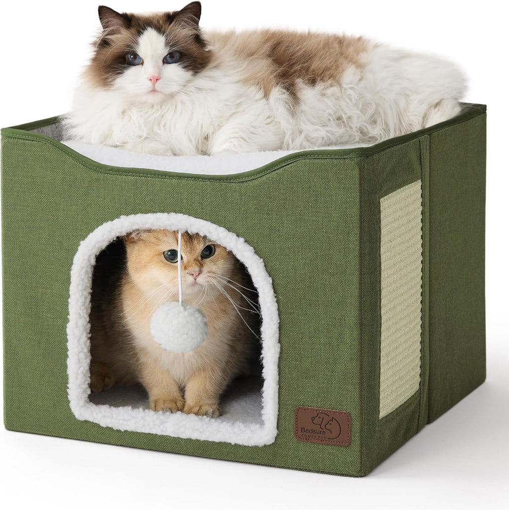 Bedsure Cat House Bed for Indoor Cats with Fluffy Ball and Scratch Pad