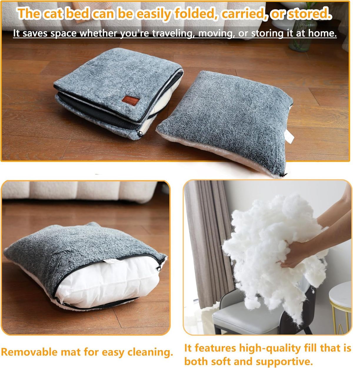 Cat Bed for Indoor Cats，Foldable cat cave，Anti-Slip & Water-Resistant Bottom，cat Houses for Indoor Cats or Small Dogs, Kitten Tent, Rabbit Bed (Dark Grey-2, L:(17.5"×16.9"×15.9"))