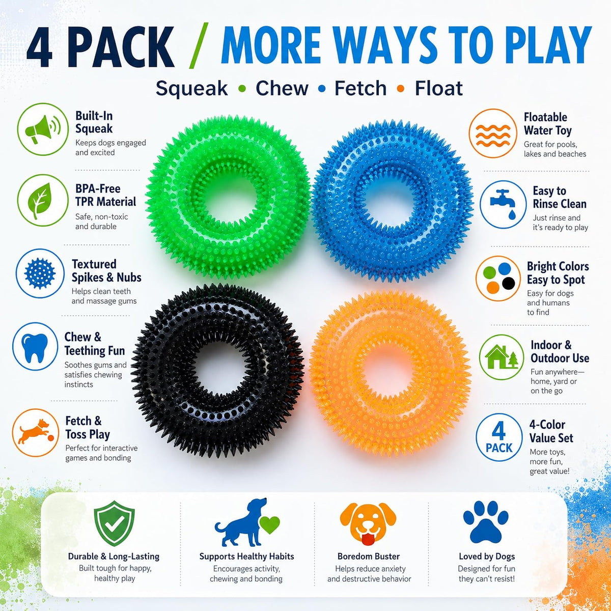Dog Chew Toys for Aggressive Chewers, Squeaky Floating Donut Rings, 4 Pack