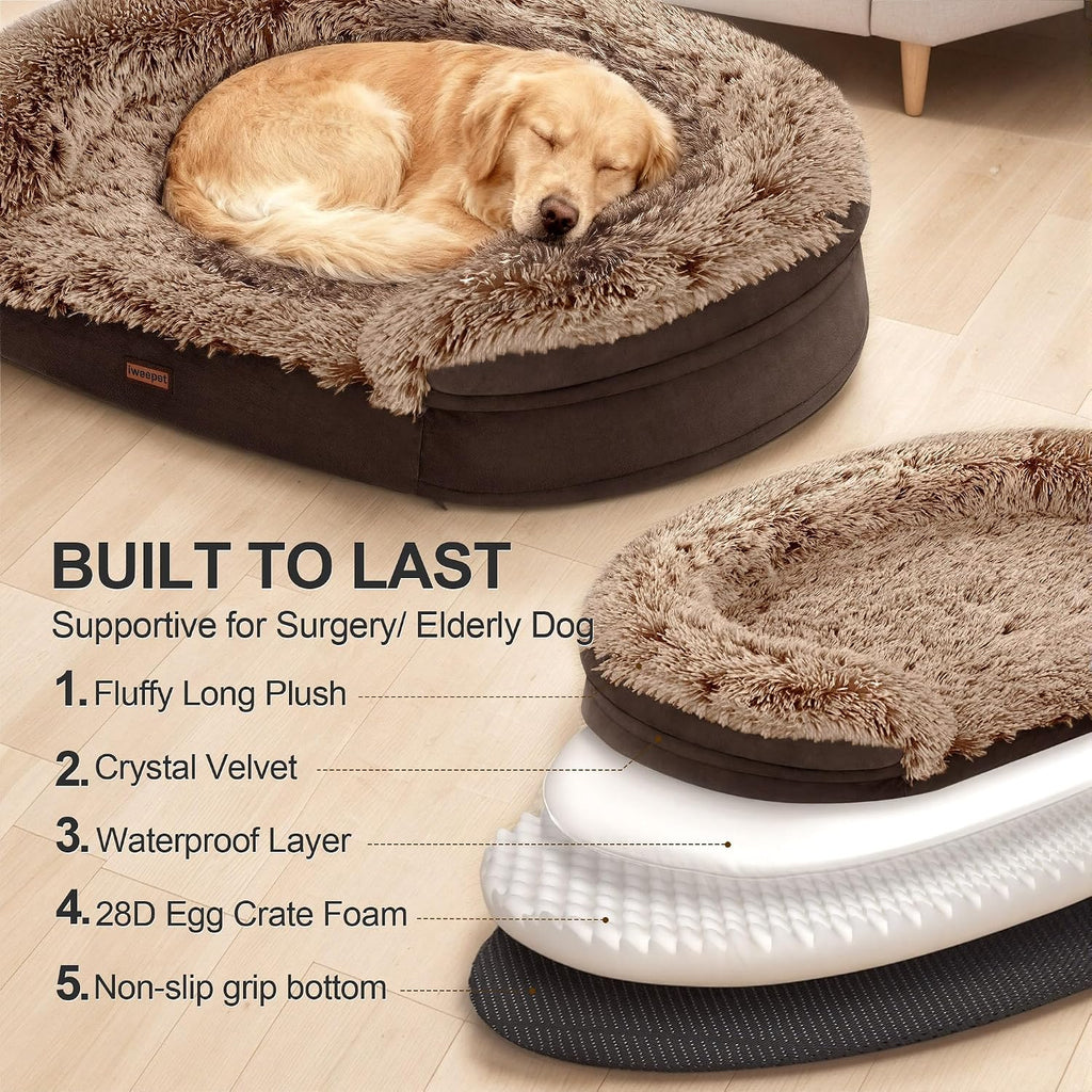 iweepet Fluffy Calming Jumbo Orthopedic Dog Beds for Extra Large Dogs, Supportive Dog Sofa Bed with 3.7 inch 28D Egg-Crate Foam, Removable Washable Plush Cover, Waterproof Lining, 48’’,Brown