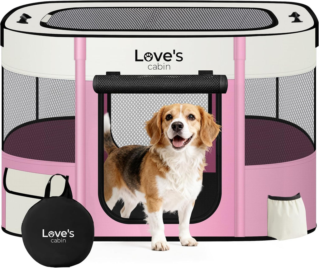 Love's cabin Pet Puppy Dog Playpen, Large Dog Tent Crates Cage Indoor/Outdoor, Portable Exercise Playpen for Cat, Foldable Pop Up Dog Kennel Playpen with Carring Case (L, Light Pink)