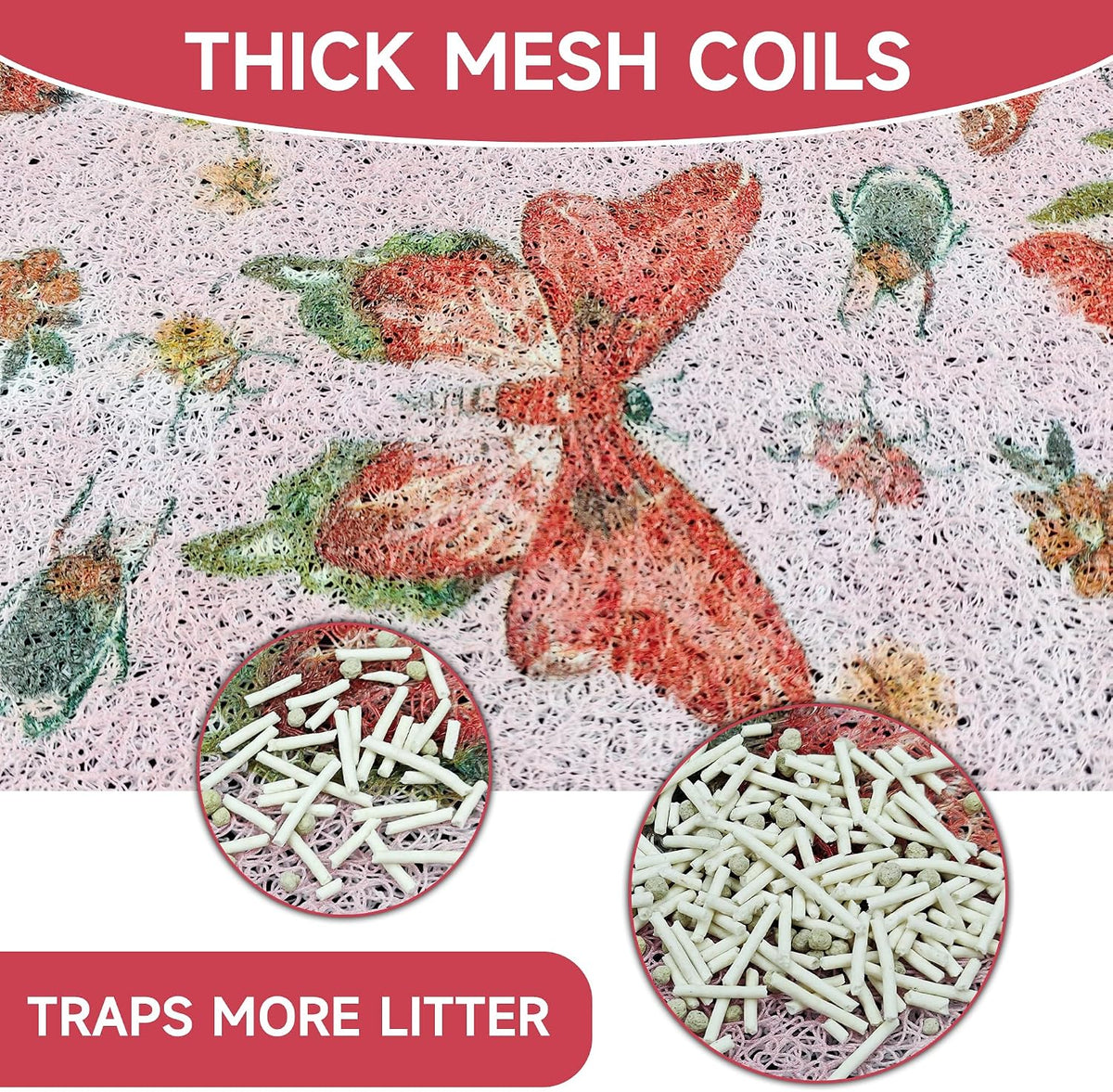 Cat Litter Mat, 24" x 16" Litter Mat, Traps 100% Cat Litter, Non-Slip Litter Box Trapping Mat, Cute Decor Litter Mat, Easy Clean for Scatter Control, Waterproof Urine Protection