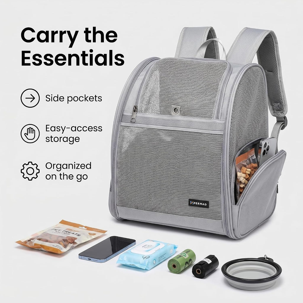 Cat Backpack Carrier for Small Dogs and Medium cat Puppy Kitten Bunny Pet Carrier Backpack Collapsible with Fully Ventilated Mesh with Safety Leash (Gray, 12.9" L x 10.62" W x 15.5" H - M)