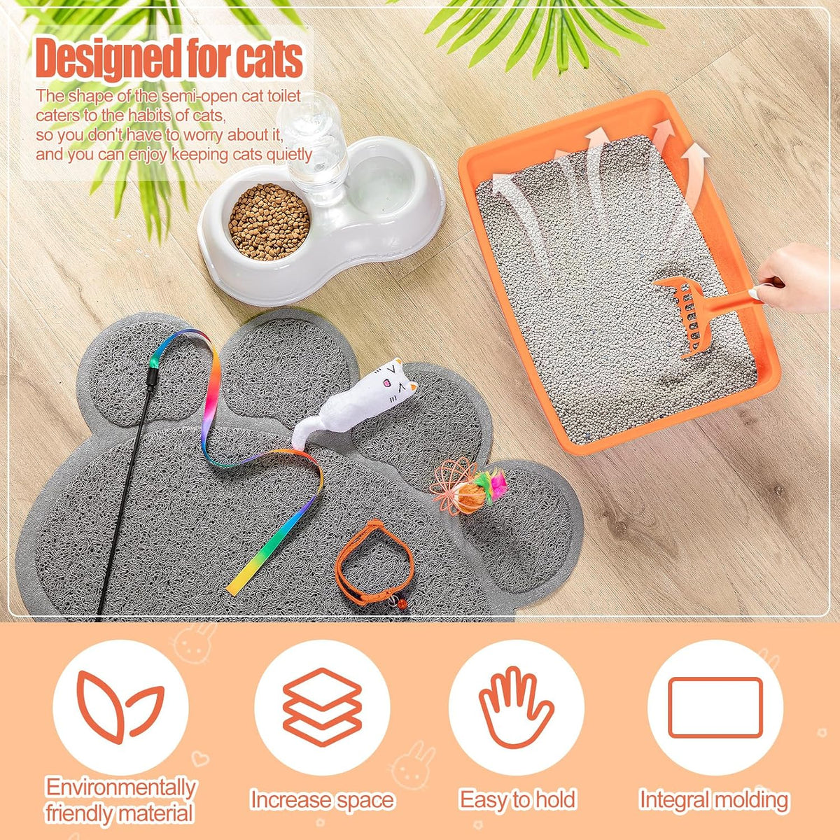 Tioncy 7 Pcs Kitten Litter Box Starter Kit with Mat, Simple, Orange