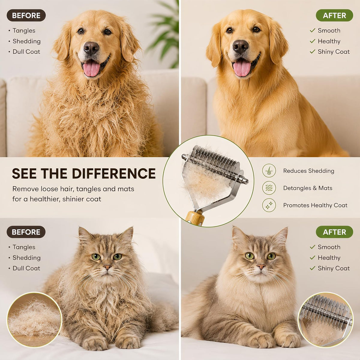 Cat Brush & Comb Grooming Kit, Undercoat Rake Dematting Tool