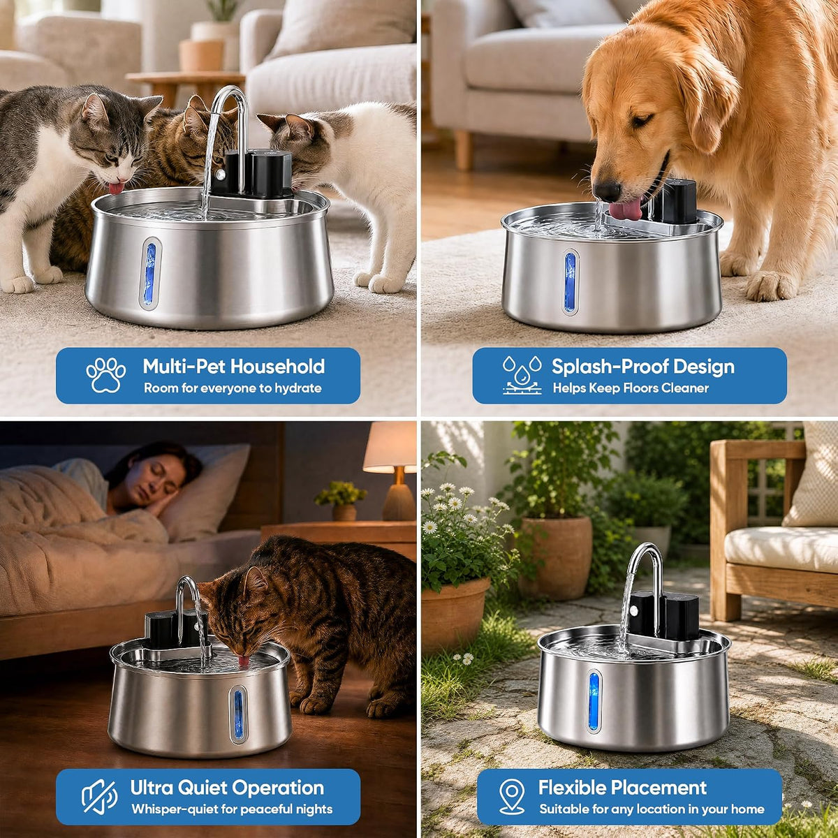 Selene Dog Water Fountain, 4L Stainless Steel Dog Water Fountain with Visual Water Level, Super Quiet Dog Water Bowl, 5-Stage Filtration Pet Water Dispenser, Easy to Clean - 4L