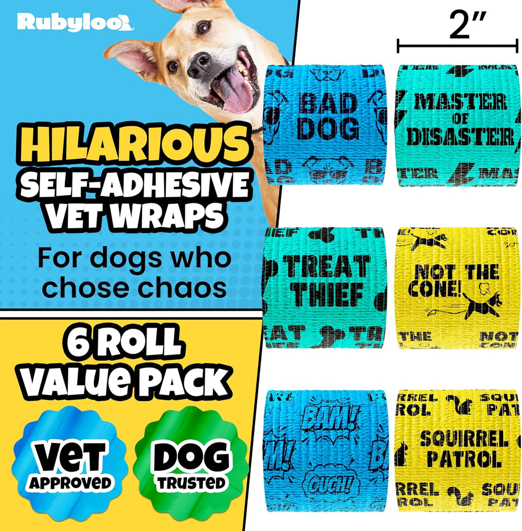 Funny Vet Wrap for Dogs, 2in Self-Adhesive Bandage Tape, 6 Pack Boys