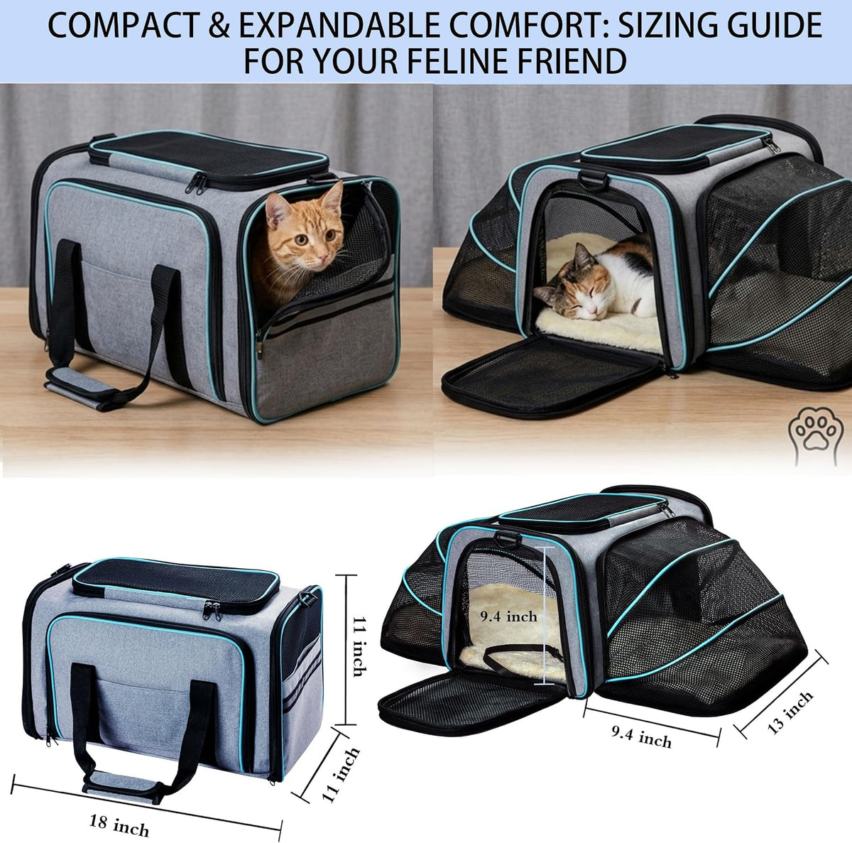 Cat Dog Carrier - Airline Approved Expandable Soft-Sided Pet Carrier with Removable Fleece Pad and Pockets, for Cats/Puppy and Small Animals Large(2 side expandable)