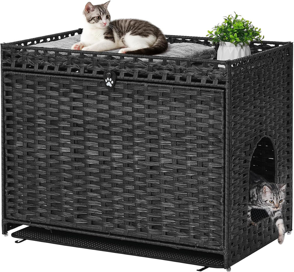 Cat Litter Box Enclosure with Door, Hidden Cat Washroom Furniture | Handwoven PP Wicker; Soft Litter Mat Included; Spacious Interior; Furniture-Style Design; Indoor Home Décor