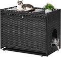Cat Litter Box Enclosure with Door, Hidden Cat Washroom Furniture | Handwoven PP Wicker; Soft Litter Mat Included; Spacious Interior; Furniture-Style Design; Indoor Home Décor