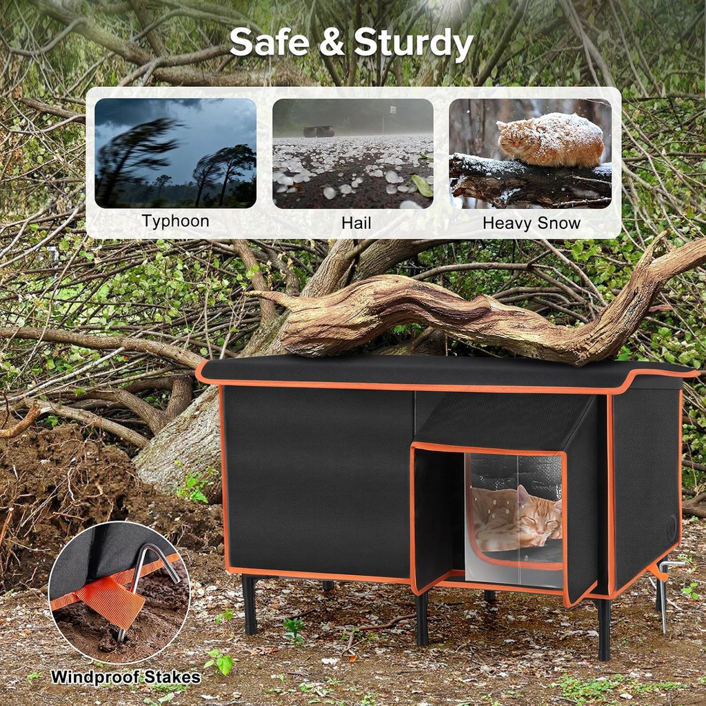 Heated Cat House for Outside in Winter, Weatherproof Outdoor Cat House with Cat Heating Pad, Waterproof &Safe Escape Door, Insulated Cat Shelter with Heater for Feral Barn Cats Kitty (Black, L)