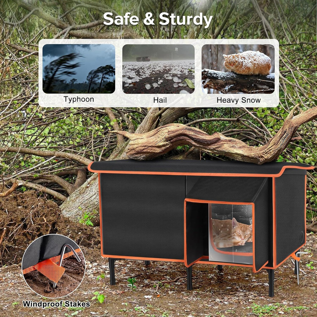 Heated Cat House for Outside in Winter, Weatherproof Outdoor Cat House with Cat Heating Pad, Waterproof &Safe Escape Door, Insulated Cat Shelter with Heater for Feral Barn Cats Kitty (Black, L)