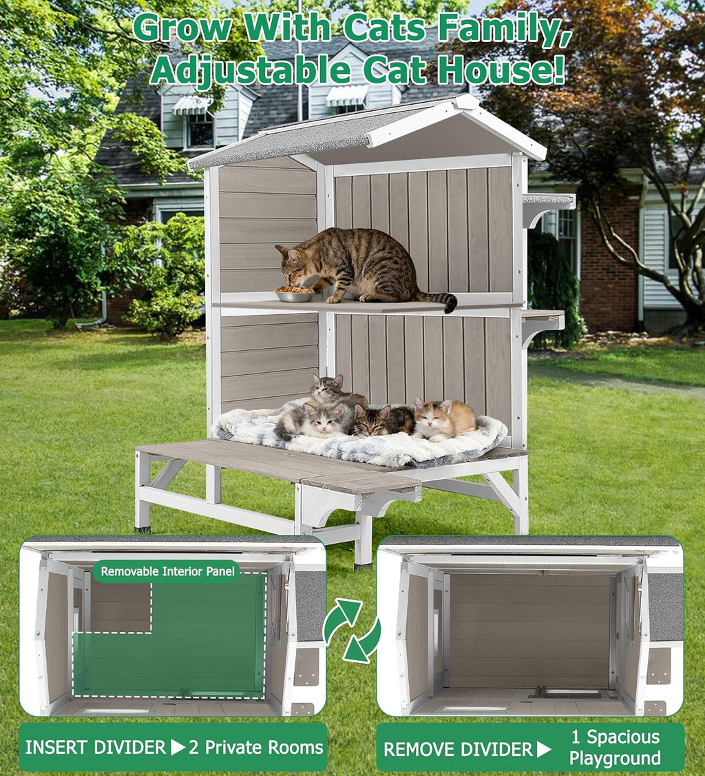 GoWoodHut Outdoor Cat House Weatherproof Cats Shelter for Feral Kitten Pet Houses for 1-2 Small Animlas 2 Story Wooden Houses for Indoor Outdoor Cats with Escape Doors (25.5" D x 33.5" W x 39.5" H)